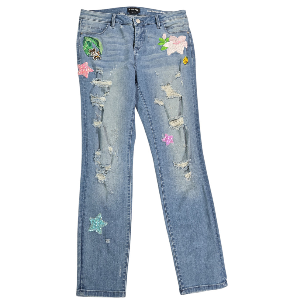 Bebe Wom Sz 29 Heartbreaker Skinny Light Wash Applique Embroidered Fun Denim EUC